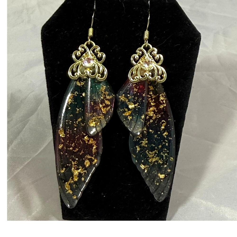 Boho Resin Wing Drop Earrings Gold Tone Iridescent Teal Pink